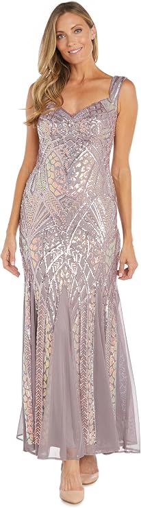 R&M Richards Women's Geometric Beaded Formal Gown | Sleeveless Sweetheart Neckline Maxi Dress | Evening Cocktail Party Attire