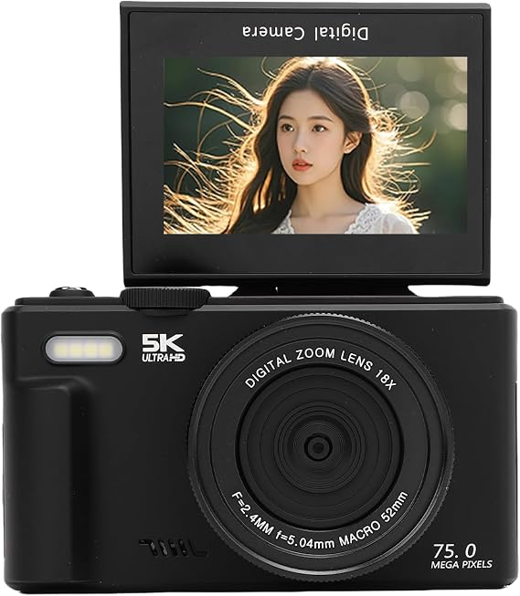 5K Digital Camera, WiFi 75MP Cameras for Photography, Autofocus Vlog Cam with 3" 180 Flip Screen, 18X Zoom, 32GB SD Card, for Teens and Beginner (32GB)