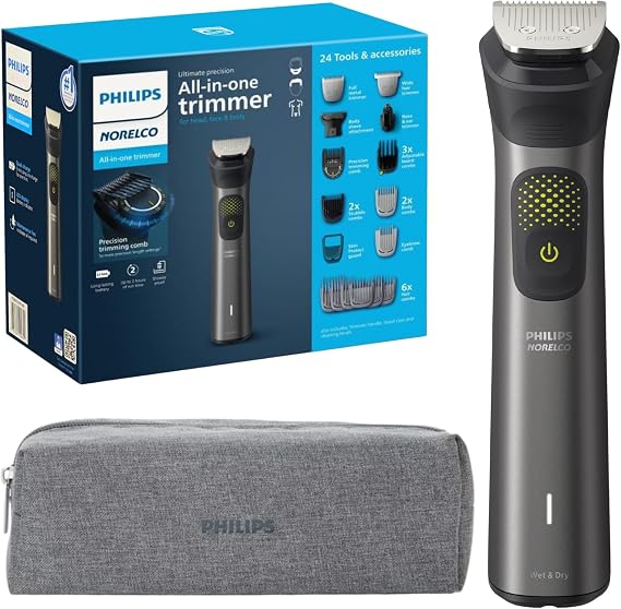 PHILIPS Multigroom Series 9000 24-in-1 Trimmer Beard, Hair & Body Grooming Kit | Precision Trimming Comb, Self-Sharpening Steel Blades, BeardSense Technology, Waterproof, Packaging May Vary
