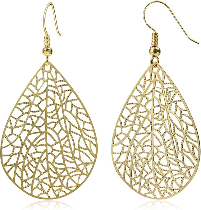 14K Gold Plated Silver Rose Gold Teardrop Filigree Dangle Earrings Lightweight Leaf Drop Earrings for Christmas Gift