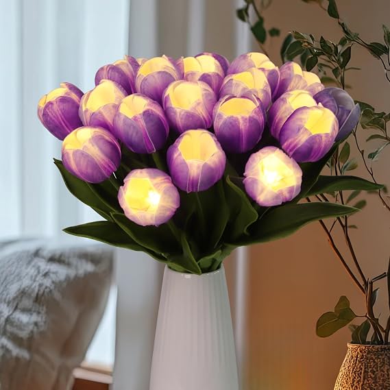 HOMESEASONS 20 Stems LED Lighted Artificial Flowers Tulip Lamp Real Touch Tulips Faux Flower Lights for Valentine's Day and Easter Home Kitchen Wedding Dining Table Decor(Purple)