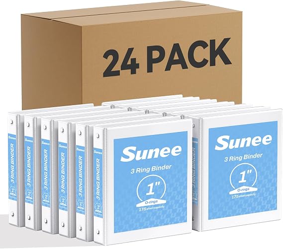SUNEE White Binders 1 Inch 24 Pack Bulk, Clear View 3 Ring Binders PVC-Free (Fit 8.5x11 Inches) for School or Office Supplies
