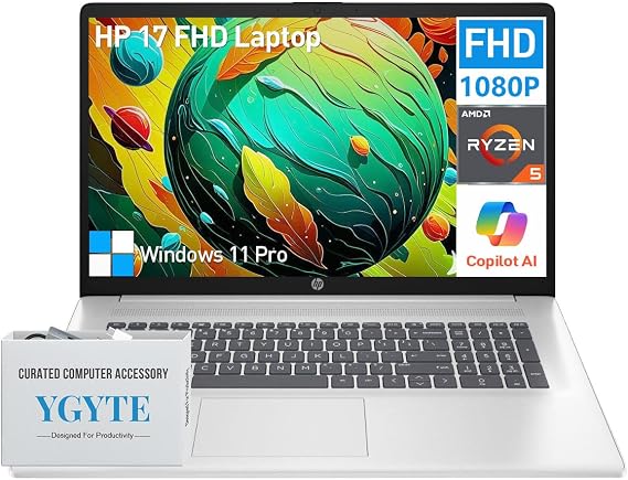 HP 17 Inch Laptop Computer, 17.3 IPS FHD Business Laptop PC, AMD Ryzen 5 (6-Cores), 32GB RAM 2TB SSD, Windows 11 Pro, 10-Key Number Pad, WiFi 6, HDMI, USB-C