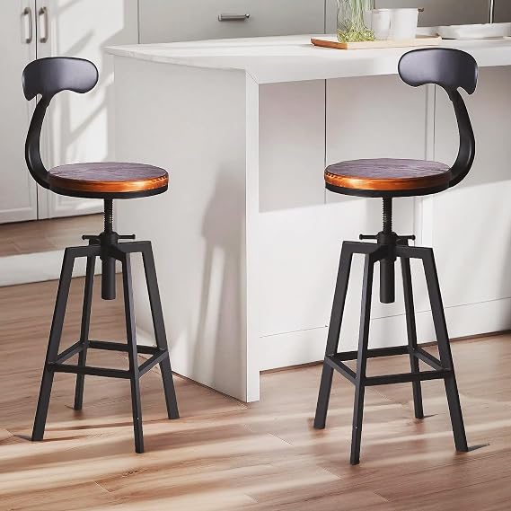 Industrial Bar Stools,Kitchen Dining Chair,Wood Top Stool,Adjustable Height Swivel Counter Height Bar Chair with Metal Backrest,Black,Fully Welded Set of 2 (Brown Wooden Top with Iron Backrest)