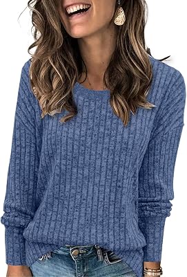 Heymiss Womens Sweaters Dressy Casual Crewneck Long Sleeve Shirts Loose Fall Fashion Sweatshirts Blue