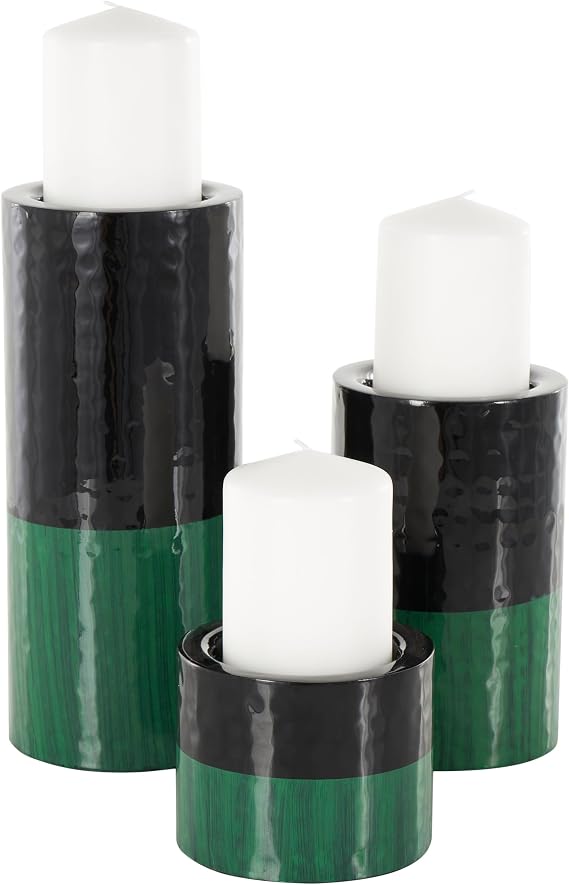 Deco 79 Metal Decorative Candle Holder Colorblock Candle Stand with Paint Streak Designs, Set of 3 Candlestick Holder 11", 7", 4" H, Green