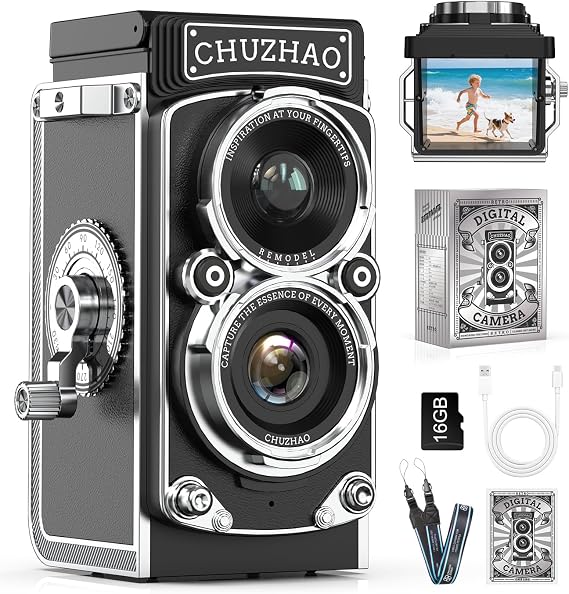 CHUZHAO Mini Retro Digital Camera Vintage Camera Twin Lens Reflex 1080P 12MP Autofocus Compact Cameras with 16GB Card Small Digital Retro Cameras for Kids Boys Girls Teen Students Beginner Gift