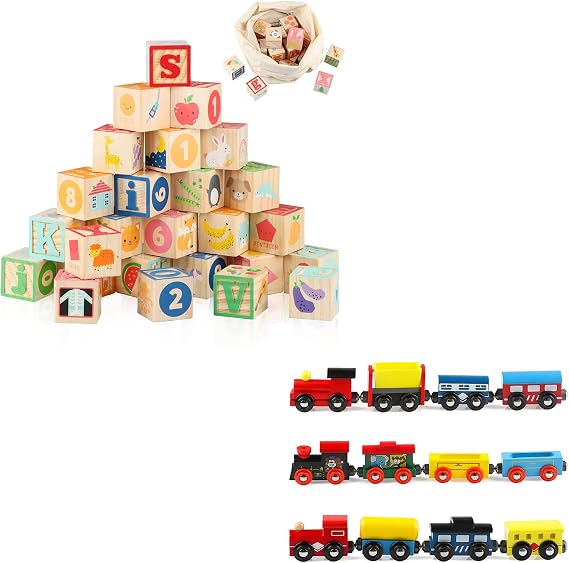 Wooden Alphabet Number Blocks for Toddlers 1-3, Wooden Train Set Toy Train Cars Magnetic for Kids