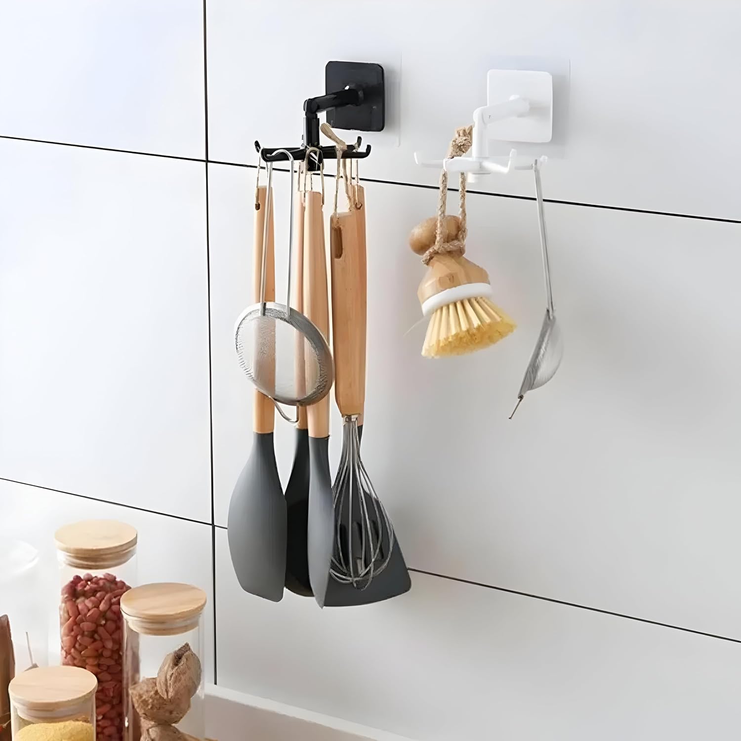 1 Adet 6 Kancalı 360° Döner Yapıştırmalı Askılık - Mutfak ve Banyo Organizeri, Kepçe, Havlu, Lif Askısı