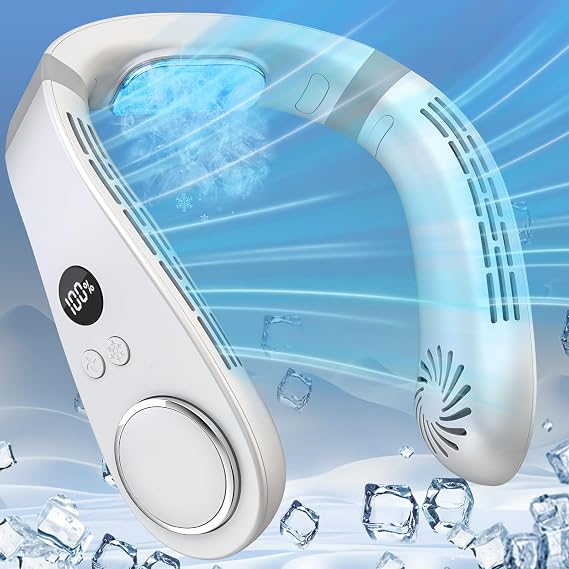 Neck Fans that Blow Cold Air Rechargeable,Neck Fan Air Conditioner Personal Cooling Device,Portable Battery Powered Silent Headphones Round Leafless Necklace AC Fan for Women Men Adults Kids White