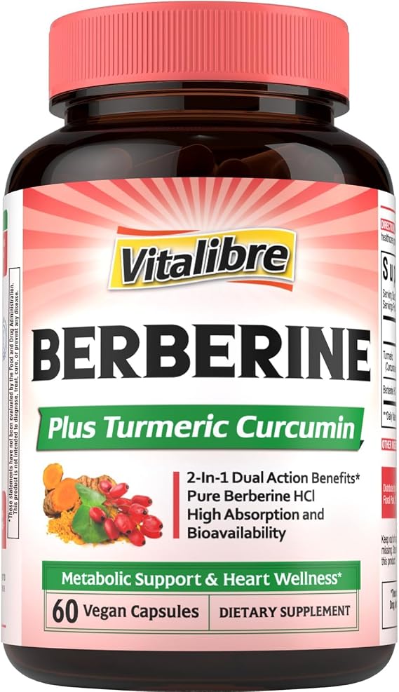 Vitalibre Berberine Supplement, with Turmeric Root, 97% High Potency Berberine HCl, Support Metabolism, Heart Health, Immune System, Vegan, 60 Capsules