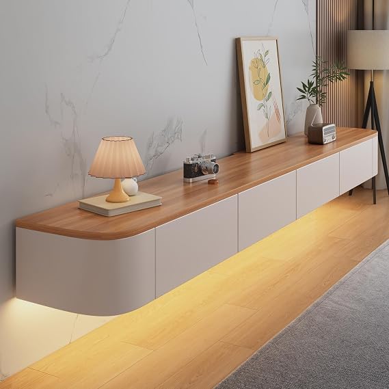 Floating TV Stand Cabinet wall mounted White Brown Floating tv Shelves with LED light & Doors & Drawer Modern Media Entertainment TV Console Storage TV Unit for Living Room (140cm/55in)