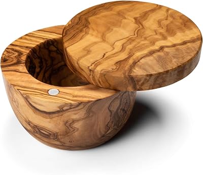 Olive Wood Salt Box | Round Wooden Salt Keeper with Swivel Lid | Salt Pig Well Covered Bowl Ideal for Kitchen or Entertainment | Each Olivewood serving piece is unique