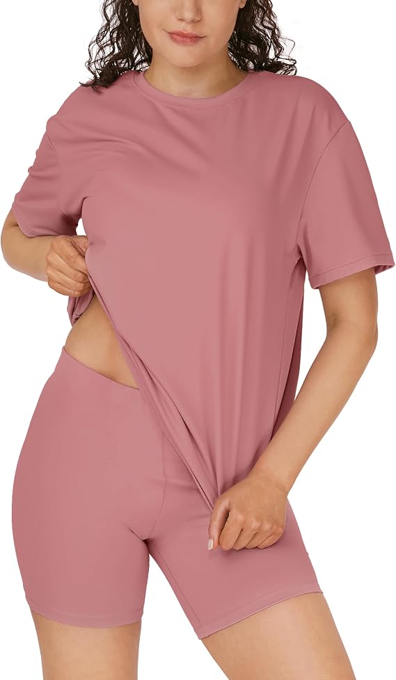2 Piece Lounge Sets for Women, Short Sleeve Oversized Tee & Biker Shorts, Casual Summer Outfits Matching Set