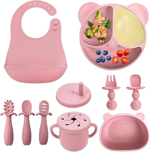 Baby Weaning Set 10 Pcs, Silicone Feeding Kit with Plate Bowl Bib & Fork | Suction Base, BPA-Free, Dishwasher & Microwave Safe,40°C To 230°C, For 6+ Months, BLW, Self-Feeding, Adjustable Bib