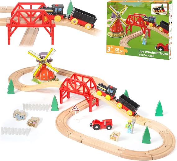XIAPIA Kids Wooden Train Set, Farm Theme Railway Track Building Kit