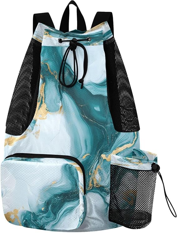 Mesh Gym Swimming Bags for Men & Women, Marbling Teal Gold Texture Large Drawstring Backpack with Dry-Wet Pocket, Lightweight Gym Bag for Sports, Travel, Beach, Workout Gear