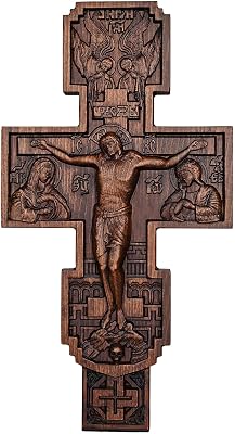 BGCOPPER Wooden Orthodox Cross for Wall, Handmade Crucifix Wall Cross Jesus Cross Wall Decor Orthodox Icons Easter Christmas Gift 14 Inch
