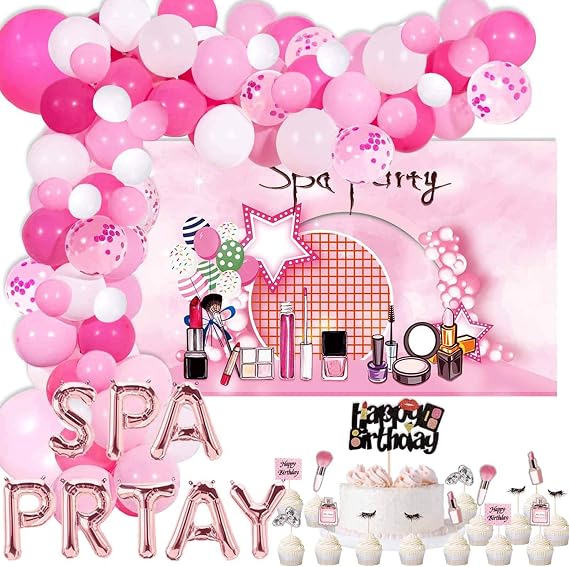 112 Pcs Spa Party Balloon Arch Kit, Make Up Happy Birthday Cake Cupcake Topper Spa Party Backdrop for Girls Teens 7th 8th 9th 10th 11th 12th Birthday Party Decorations Supplies
