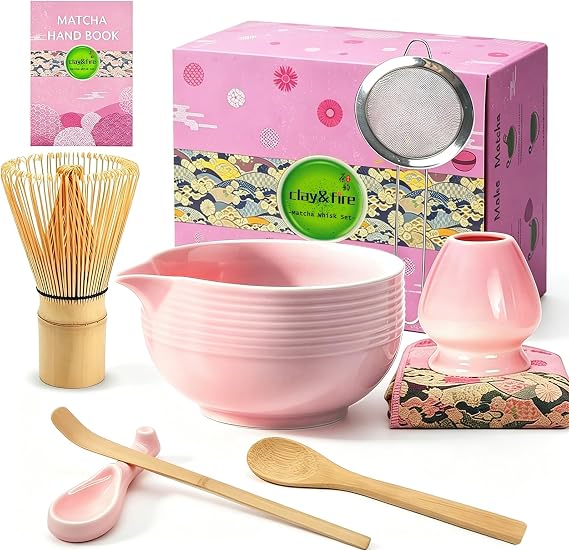 Clay&Fire Matcha Whisk Set, 9 pcs Ceramic Matcha Set, Gifts for Women | Matcha Bowl with Spout and Whisk, Matcha Kit for Matcha Lovers, Ideal Gift Christmas, Birthday, Anniversary (Pink)