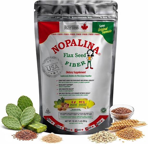 Nopalina Fiber Powder 1 Lb - 30 Servings - Flax Seed, Psyllium Husk, Oat and Wheat Bran, Omega 3, 6 & 9