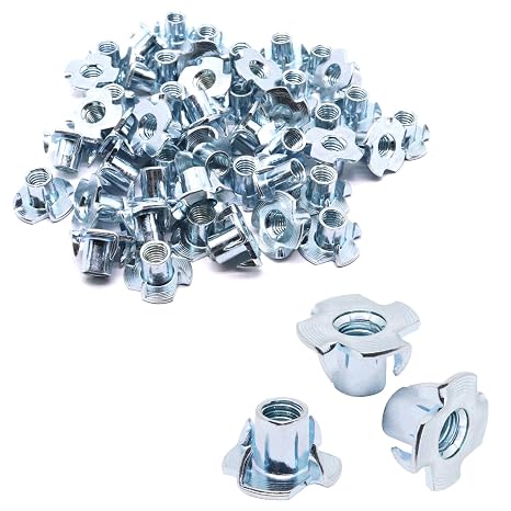 M6 T Nuts 50Pcs Threaded Inserts T-Nuts, Zinc-Plated Steel 4 Pronged Tee Nuts for Wood, Rock Climbing Holds Cabinetry