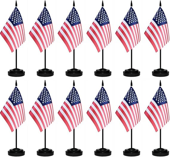 12 Pcs USA Desk Flags Set, American Small Mini Table Office Mini Desktop Flag With Black Flagpole and Black Base For Home Office Decoration,138Inches