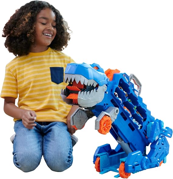 Hot Wheels City Ultimate T-Rex Transporter & 2 Die-Cast Toy Cars​ | Hauler Transforms into Stomping Dino with Race Track, From Netflix Series “Let’s Race”, HNG50