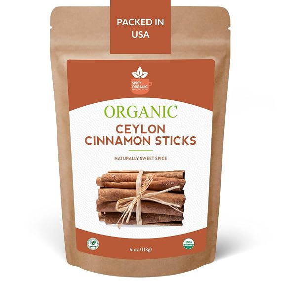 SPICY ORGANIC Ceylon Cinnamon Sticks 4 oz True Cinnamon Quills from Sri Lanka, 3.5" Premium Ceylon Cinnamon, USDA Certified Organic, Perfect for Recipes, Crafts & Holiday Drinks Cinnamomum Verum