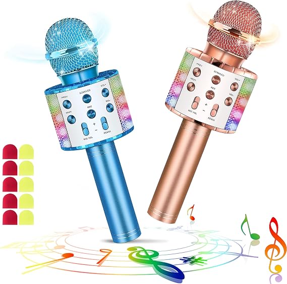 Set of 2 Wireless Bluetooth Karaoke Microphone with Led Lights Portable Handheld Singing Karaoke Speaker Machine Christmas Toys Gifts for Kids Adults (w/10 Disposable Microphone Covers)