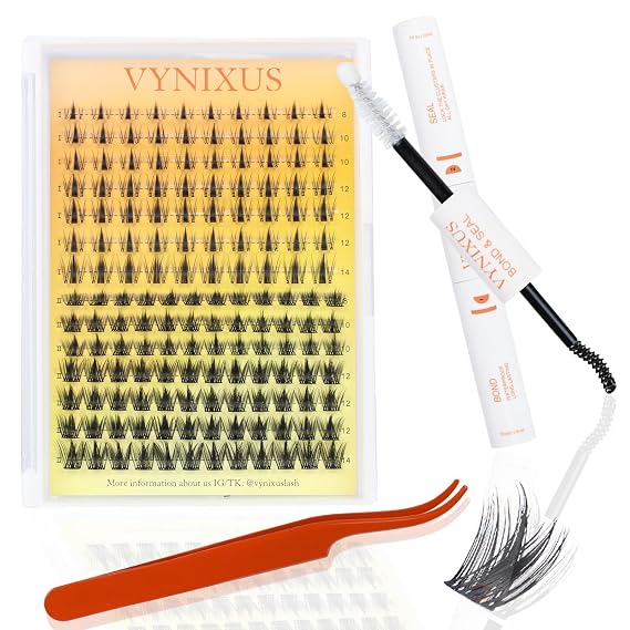 Lash Clusters Kit Eyelash Clusters DIY Lash Extension Kit with Lash Bond and Seal Waterproof Eyelash Tweezers Wet-Look Cluster Eyelash Extensions Kit (Set Fairy/Magic-0.07D-Mix8-14)