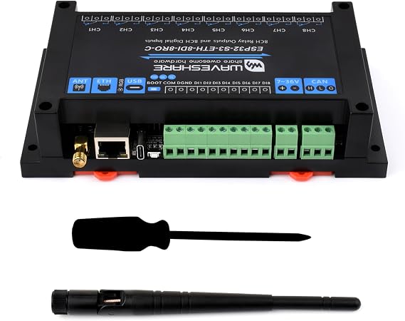 Industrial 8-Channel ESP32-S3 WiFi Relay Module,Built-in Xtensa 32-bit LX7 Dual-Core Processor, Onboard Isolated CAN+Network Port + 8-CH Digital Inputs + 8-CH Relays, Supports WiFi/BT