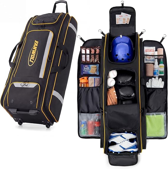 Fanwoli 100L Rolling Catchers Gear Bag - Large Baseball & Softball Duffle with 5 Fence Hooks, Locker-Style Organizer, Holds 8 Bats, Vented Shoe Zone - Essential Pro Edition (Black)