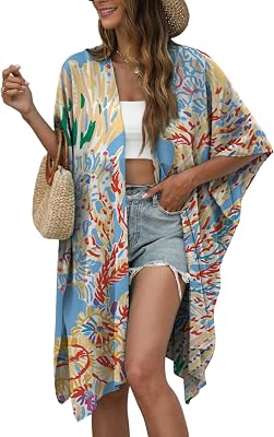 Chunoy Women Beach Wear Open Front Blouse Top Short Sleeve Graffiti Print Lightweight Midi Kimono Cover Up XX-Large