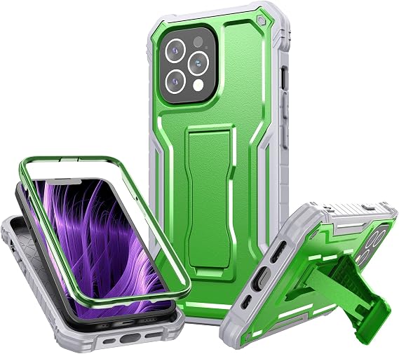 FITO for Apple iPhone 13 Pro Case, Dual Layer Shockproof Heavy Duty Case with Tempered Glass Screen Protector and Built in Kickstand (Green)