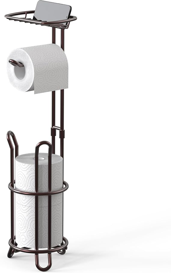 Simple Houseware Toilet Paper Holder Stand w/Cell Phone Wire Shelf, Bronze
