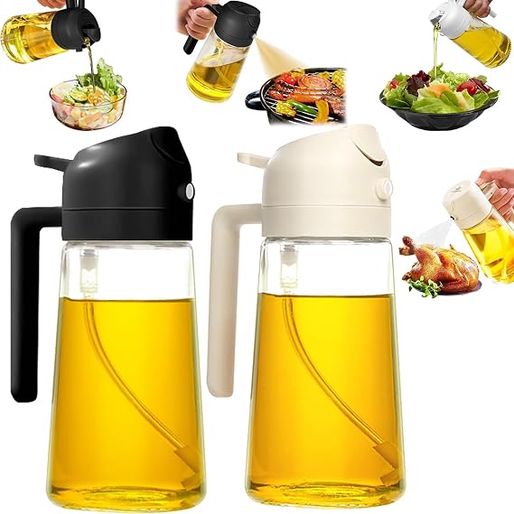 2PCS Oil Sprayer for Cooking, 2 in 1 Oil Dispenser and Oil Sprayer with Fine Mist Nozzle, Olive Oil Dispenser Bottle Spray and Pour,Oil Dispenser for Kitchen(Black and White,16 oz / 470 ml)