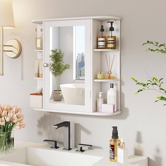 Casart Wall Mounted Bathroom Cabinet with Mirror, Single Door Medicine Cabinet with 4-Tier Inner Shelf