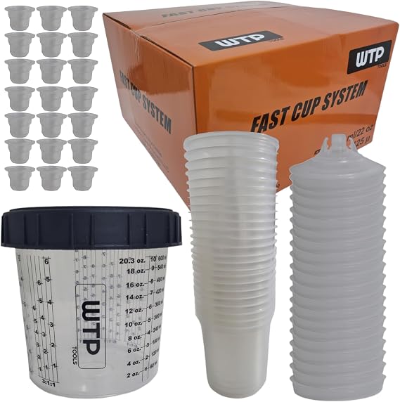 Disposable Paint Cup System KIT Combo, 50 Lids + 50 Liners + 1 Hard Cup + 20 Caps - 1 Box 400/650/850ml 14/22/29 Oz (125mic filter) - Sprayer Mixing Cup for Automotive Paint Gun (400ml/14Oz)
