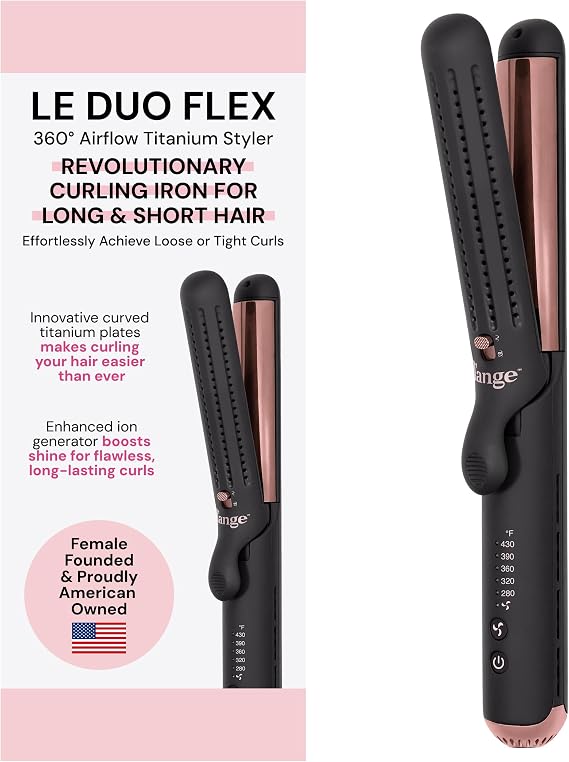 LAnge Hair Le Duo Flex 360 Airflow Titanium Styler | Professional Curling Iron with Adjustable Heat | Airflow Vents Lock in Curls & Add Shine | Dual Voltage & Auto Shut-Off | Black