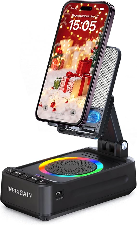 Gifts for Him Dad Men Mother's&Father's Day, Birthday Ideas for Men Women, Cell Phone Stand with Wireless Bluetooth Speaker with Wireless Induction Audio & Colorful Led Light