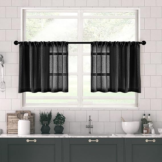 MRTREES Black Sheer Tier Curtains 24 inches Long Kitchen Tiers Bathroom Small Short Curtain Panels Transparent Light Filtering Cafe Curtains Voile Window Treatment Rod Pocket 2 Panels