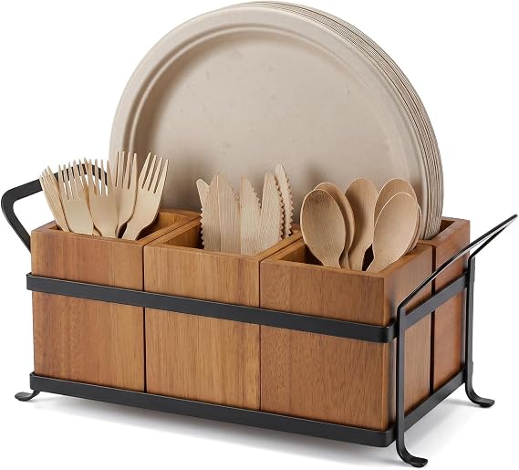 NelyBet Utensil Holder Silverware Caddy for Party Countertop, 4pcs Wood Bins Set Silverware Organizer Cutlery Holders for Spoon Fork Napkin Plate