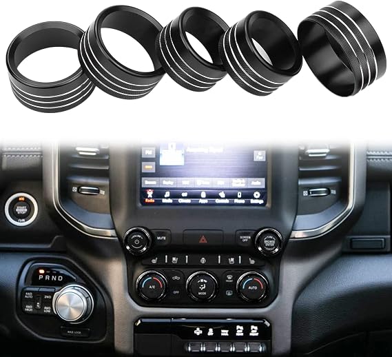 for Dodge Ram Accessories 2019 2020 2021 Interior Control Knob Cover AC/Volume/Mode/AUTO/Browse Switch Decor Button Ring Trim (Black, 5PCS)