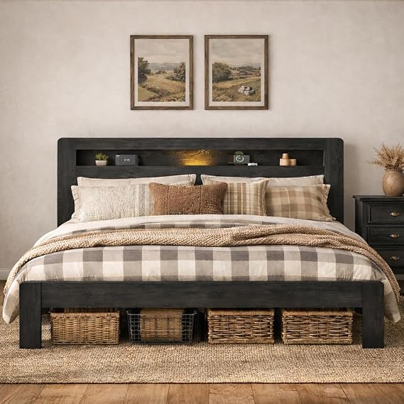 Queen Bed Frame with Wooden Headboard, Storage Shelf & LED Lights