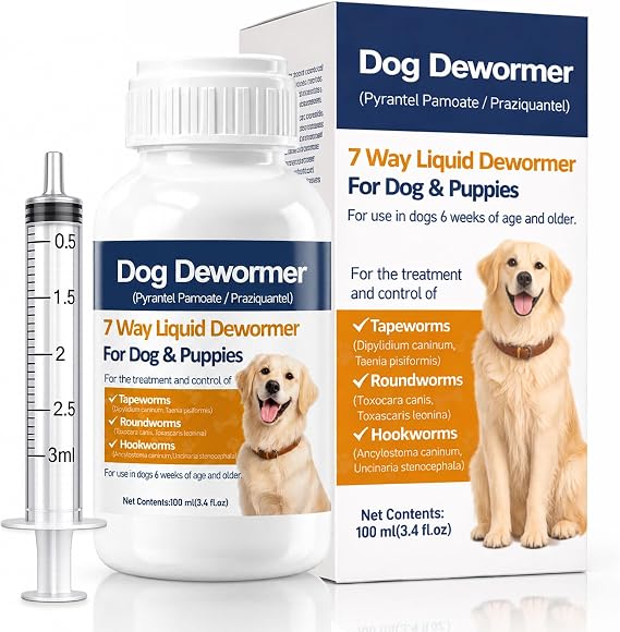 Dewormer for Dogs, 7-Way Dog Wormer Liquid Broad Spectrum Worm Support for Tapeworms, Roundworms & Hookworms, 100ml