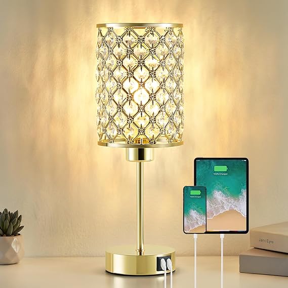 GyroVu Crystal Table Lamp, Touch Bedside Lamps with USB C+A Ports | Gold Lamp for Bedside, Dimmable Table Lamps with Crystal Shade for Bedroom, Living Room(Bulb Included) [Energy Class A]