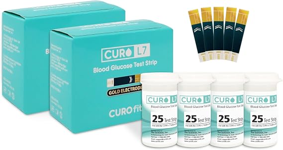 CURO L7 Glucose Test Strips, 100 Count (4 Vials of 25), Gold Electrode, for CURO L7 Meter Only, No Coding, GDH-FAD Enzyme, Accurate Blood Sugar Testing at Home (Device NOT Included)