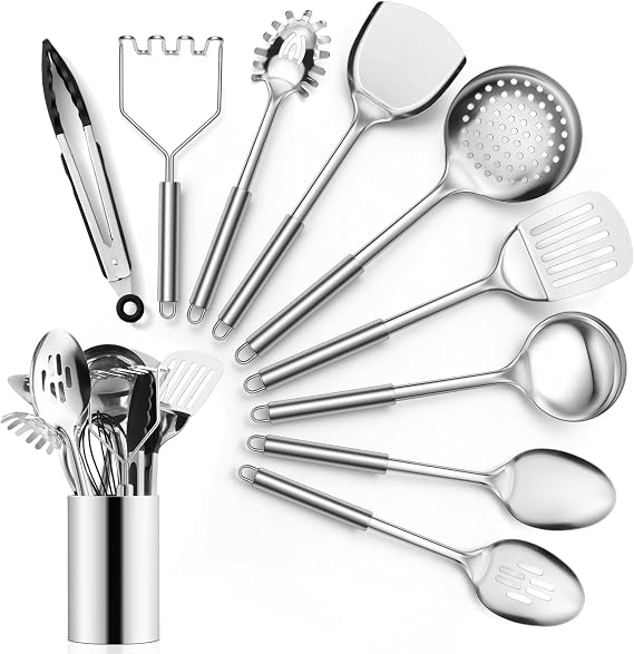 Joyfair 10 Pcs Stainless Steel Kitchen Cooking Utensils Set with Holder | Food Grade, Non Toxic & Rust Free, Turner/Spoons/Tongs/Ladle/Pasta Server/Potato Masher, Easy Clean & Dishwasher Safe