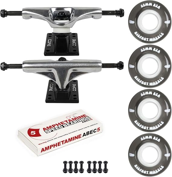 Skateboard Trucks Package Kit with Bigfoot 53mm Soft 83A Wheels, Amp 5 Bearings, 1" Phillips Mounting Hardware, and 1/8" Risers